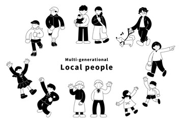 多世代の地域の人々の単色イラスト（セット）
