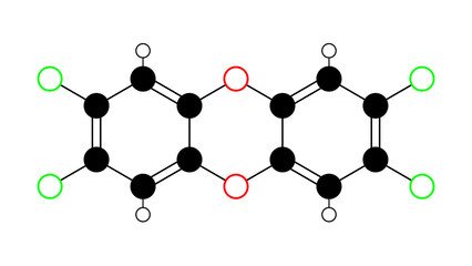 2,3,7,8-Tetrachlorodibenzo-p-dioxin molecule, structural chemical formula, ball-and-stick model, isolated image tcdd