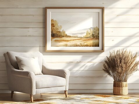 Cozy and Inviting Farmhouse style Living Room with Shiplap Walls Plush Armchair and Mockup Frame Featuring a Serene Watercolor Landscape Painting