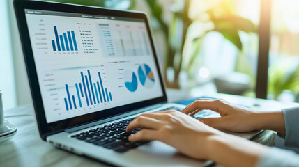 Young businesswoman in wearing elegant suit, sitting in office, and looking at graphs, corporate analytics on a laptop . Female employee working, job workplace 