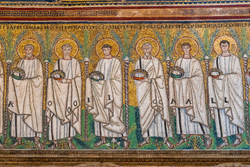 Medieval mosaic showing a group of saints carrying crowns