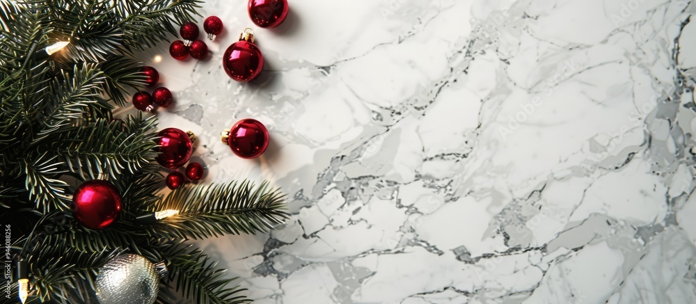 Poster christmas background on a marble surface. copy space image. place for adding text and design