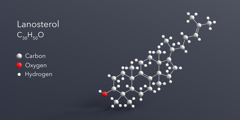 lanosterol molecule 3d rendering, flat molecular structure with chemical formula and atoms color coding