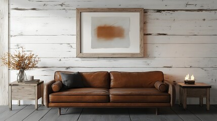 Cozy and Inviting Farmhouse Style Living Room with Whitewashed Wood Walls Leather Sofa Vintage Wooden Furnishings and Warm Glow from a Fireplace