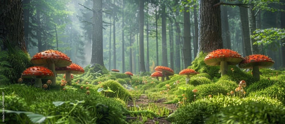 Poster young suillus mushrooms in a summer forest surrounded by green moss. copy space image. place for add
