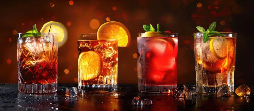 Cocktails Classic American beverages crafted by skilled bartenders or mixologists in speakeasies upscale bars dives or taverns Cocktails are presented in chilled glasses and adorned with fruit garnis