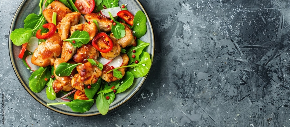 Poster ginger chicken served with salad as a side dish. copy space image. place for adding text and design