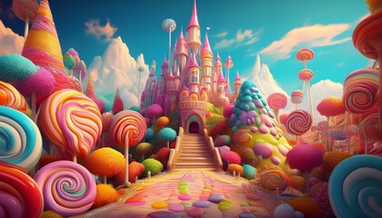 Land of giant candy, fantasy world with castle and trees made of candy, candies and colorful lollipops, Generative AI
