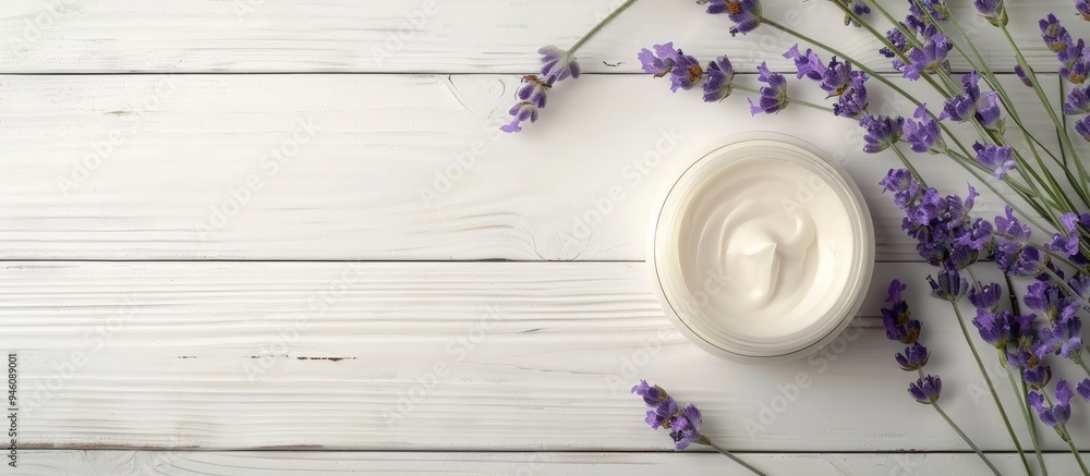 Poster cosmetic cream and lavender on a white wooden table background. copy space image. place for adding t