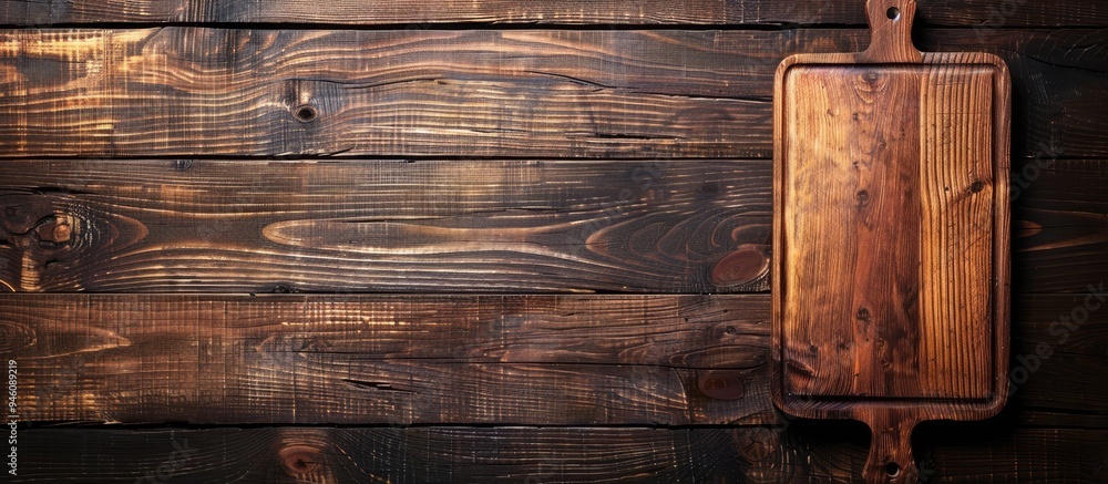 Poster cutting board on a wooden surface background. copy space image. place for adding text and design