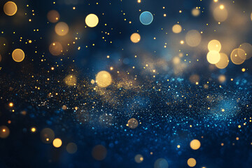 Obraz premium A captivating abstract background filled with striking blue and luxurious gold, embellished with luminous bokeh lights. The gold sparkles create a sense of festivity and glamour, perfect for New