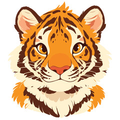 Cute tiger face, a simple flat illustration style with bright colors and a white background