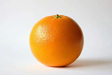 A realistic photograph showcases a perfectly round, fresh orange centered against a stark white background. The vibrant orange hue of the fruit contrasts sharply with the pure white backdrop. Focused