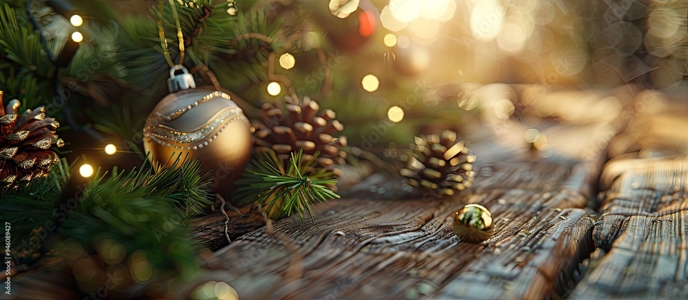 Poster close up of christmas tree decorations on a wooden table. copy space image. place for adding text an