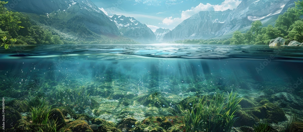 Poster lake background with water underwater abstract fresh water diving scenery and nature s underwater ec