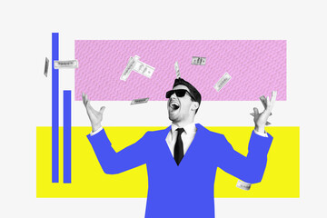 Composite photo collage of happy businessman millionaire throw money banknotes chart progress earnings isolated on painted background