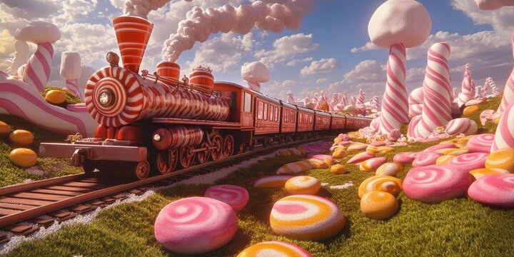 Candy-cane train on candy land track.