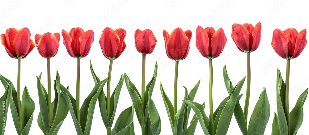 Poster a row of tulip flowers isolated on a white background. copy space image. place for adding text and d