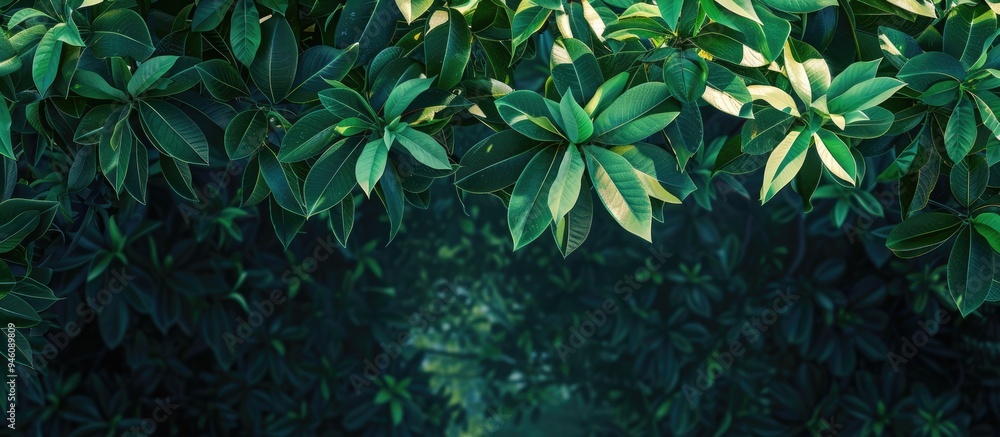 Poster vibrant green leaves on lovely trees. copy space image. place for adding text and design