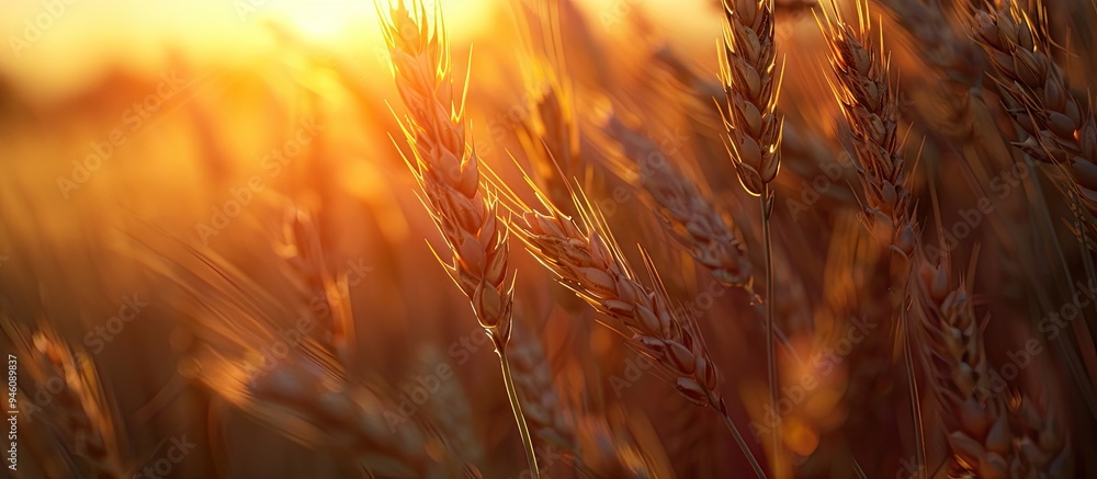 Poster ripe wheat ear during the golden hour. copy space image. place for adding text and design
