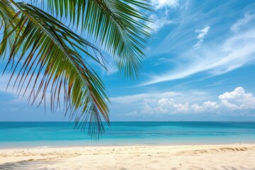 Fototapeta premium Exotic island getaway with palm trees sand ocean and clear sky for summer vacations
