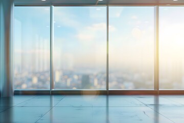 An office with sunlight reflecting off the window glass, creating a softly blurred background.