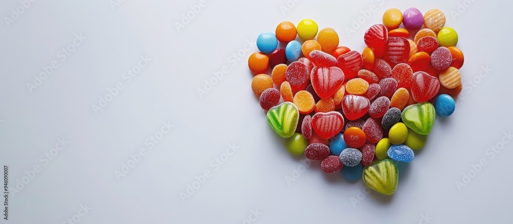 Poster heart shaped from sweet candies on a white background top view. copy space image. place for adding t
