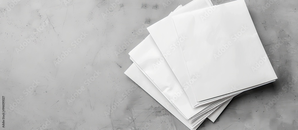 Poster punched pockets with paper sheets on a grey table top view area for text. copy space image. place fo