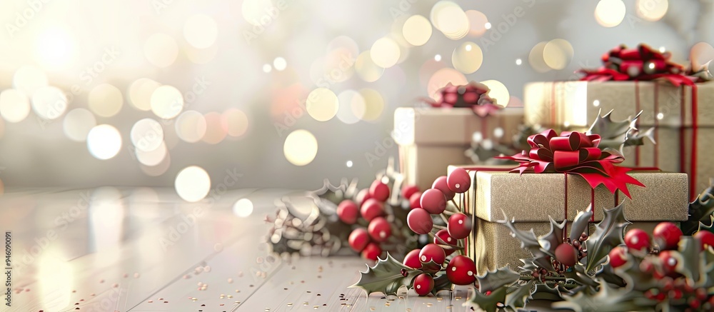 Poster christmas gift boxes adorned with holly branches on a shimmering light background. copy space image.