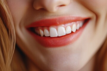 Fototapeta premium Bright and joyful smile showing perfect white teeth, framed by vibrant red lips in a close-up photograph.