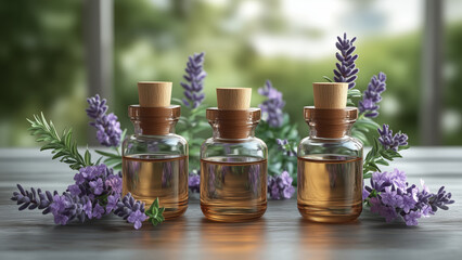 Three glass bottles of lavender essential oil with fresh lavender flowers in a natural setting