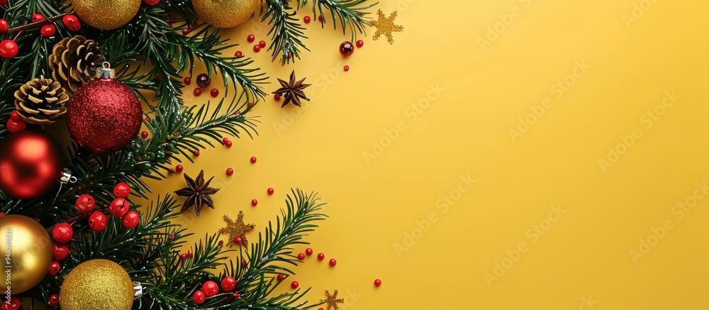 Poster christmas decorations on a yellow background. copy space image. place for adding text and design