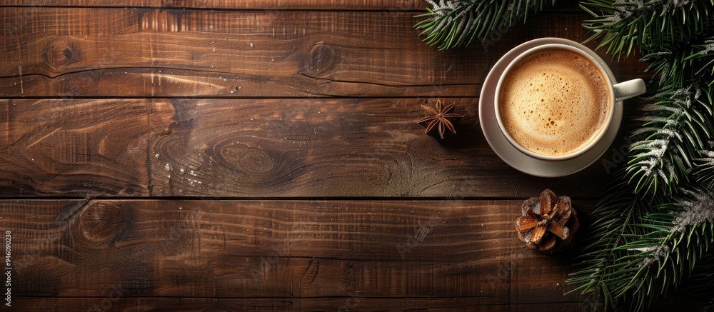 Poster cappuccino in a cup on a wooden background with a tree symbolizing christmas from a top view copy sp