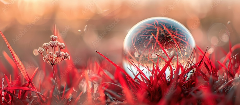 Aufkleber crystal ball photography of red grass plants using a lens. copy space image. place for adding text a