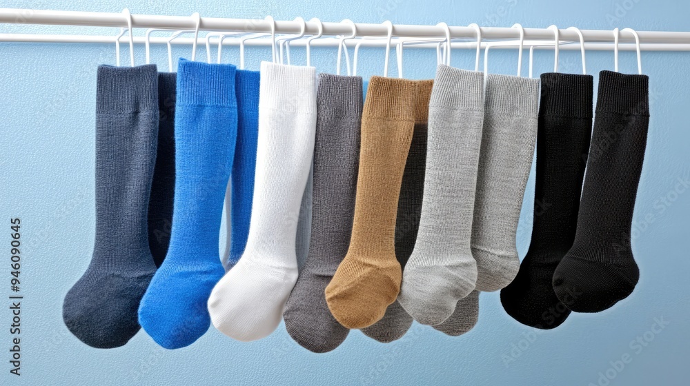 Poster a collection of pastel-colored socks is neatly arranged on a white wire drying rack. the soft hues c