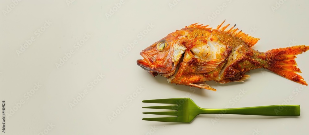 Poster baked spicy fish with a green fork on a white background. copy space image. place for adding text an