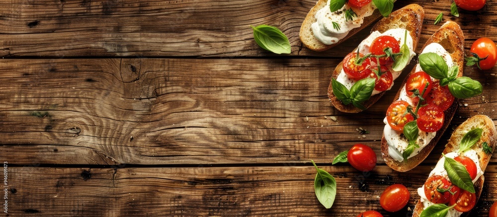 Aufkleber bruschetta featuring cream cheese cherry tomatoes and basil on a wooden surface. copy space image. p