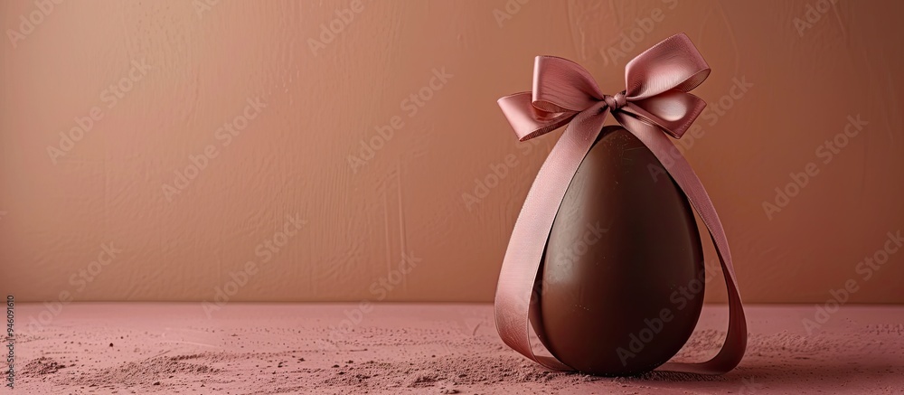 Poster tasty seasonal chocolate easter egg adorned with a ribbon. copy space image. place for adding text a