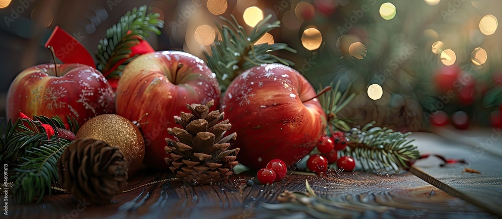 Poster christmas themed still life featuring apples and pine cones. copy space image. place for adding text