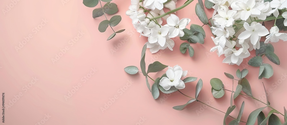 Wall mural A bouquet of white flowers alongside eucalyptus twigs on a soft pink background Top view Copy space