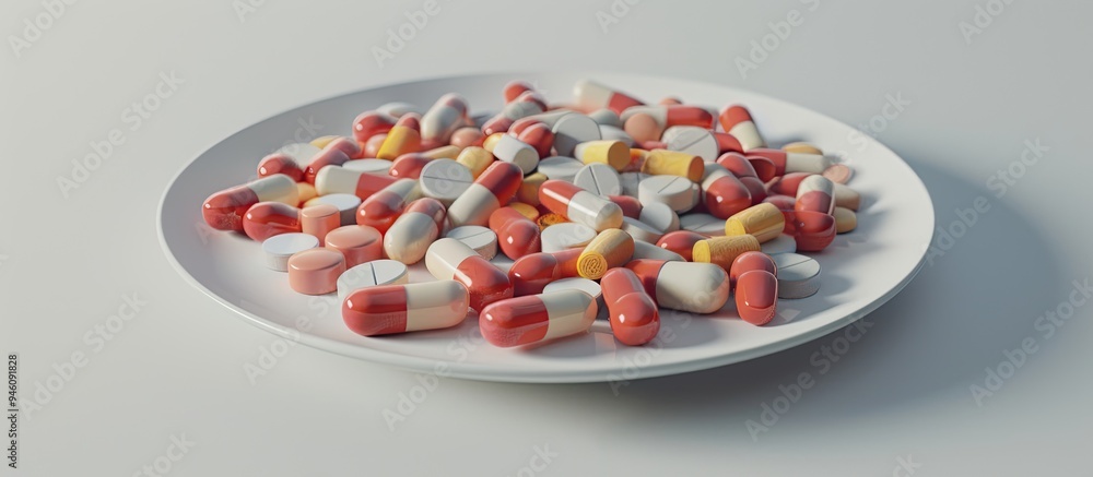Poster close up shot of a plate filled with medical pills. copy space image. place for adding text and desi