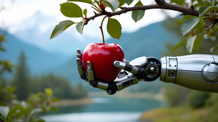 Robotic hand picks a red apple