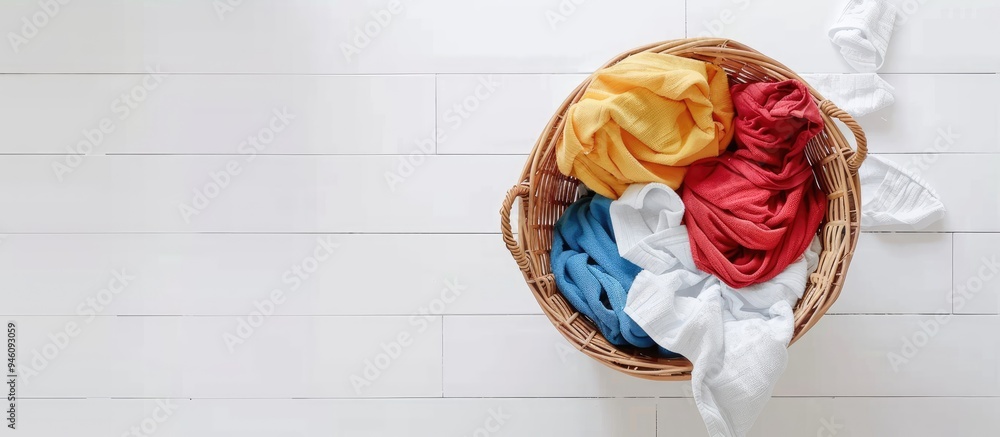 Poster laundry basket filled with clothes on a white floor top view area for text. copy space image. place 