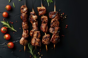 Grilled shish kebab on black surface overhead shot