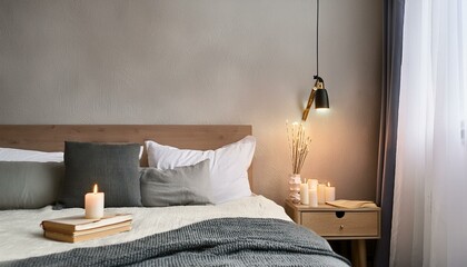 Minimalist bedroom with textured wall and bedside table with books and candle.