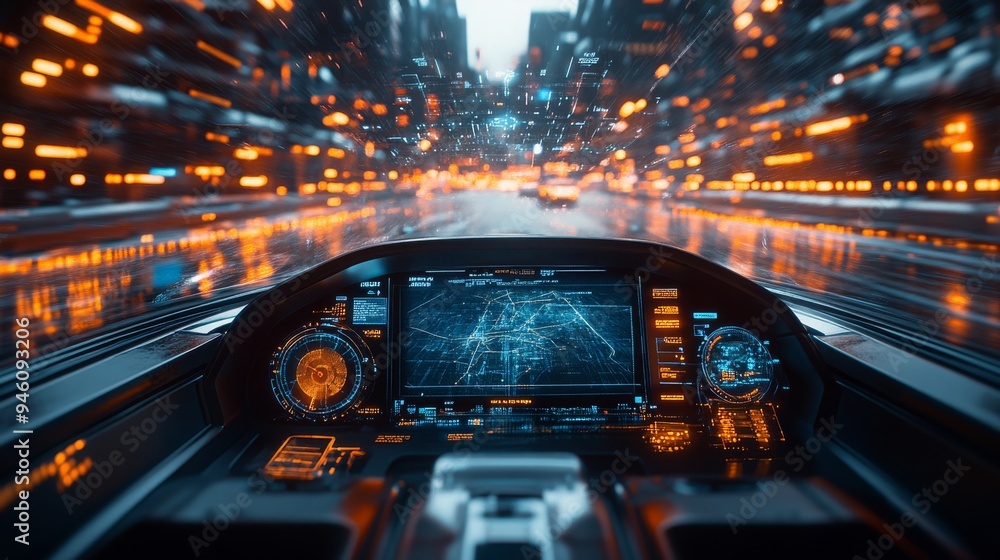 Aufkleber a sophisticated holographic dashboard displays real-time data as a pilotless drone navigates through