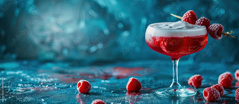 Poster sweet red berry cocktail with froth garnished with raspberries on a skewer in a glass. copy space im