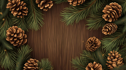 Pine Cones and Sprigs on a Wooden Background.