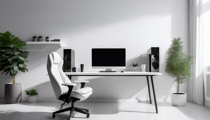 Modern and minimalist gamer setup with white colors, Gamer setup with table, chair, monitor and decor, Generative AI