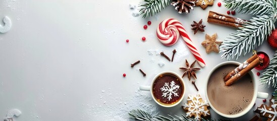 Christmas or New Year frame featuring a fir tree candy cane hot chocolate spices and cookies Copy space for text Design mockup for Christmas cards and greeting cards © Ilgun
